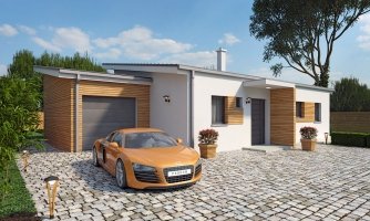 Petite maison de famille moderne en maçonnerie avec garage et toit d'appentis. Le garage double est une option ou bien le garage peut être supprimé. Adaptable en tant que maison jumelée ou pour construction mitoyenne.